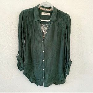 Green gauzy button up with lace panel at back